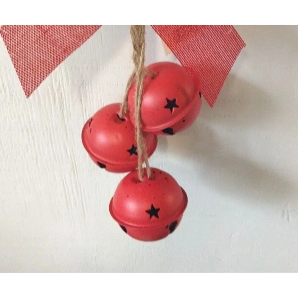 Farmhouse Holiday Door Hanger Doorknob Metal Jingle Bells Bow Jute 12” L